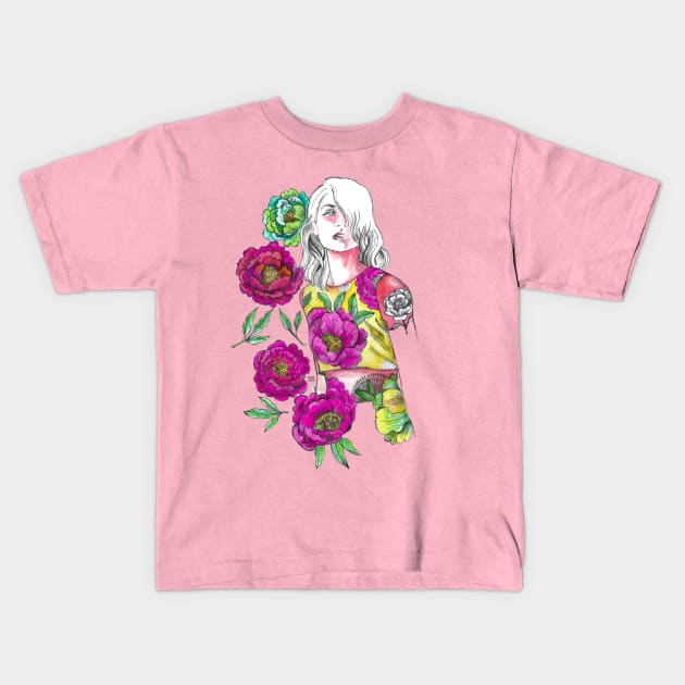 Woman With White Hair - Fashion Illustration with Pink Flowers. Kids T-Shirt by FanitsaArt